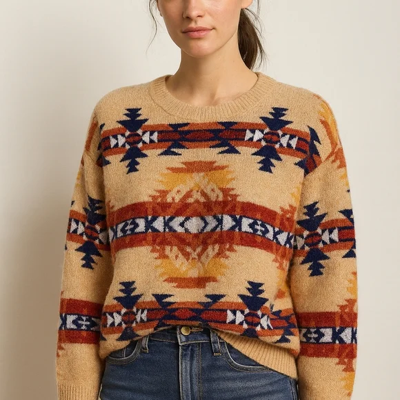 Lucky Brand Aztec Southwest Sweater Women’s Small Beige Multi - Picture 2 of 11